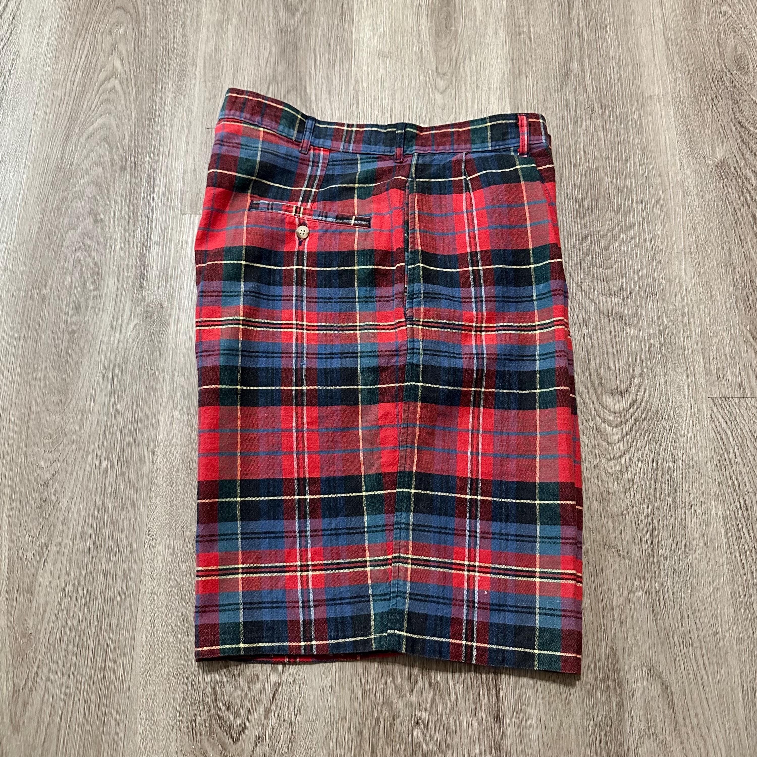 Vintage POLO RALPH LAUREN Red & Blue Plaid Cotton Pleated Shorts