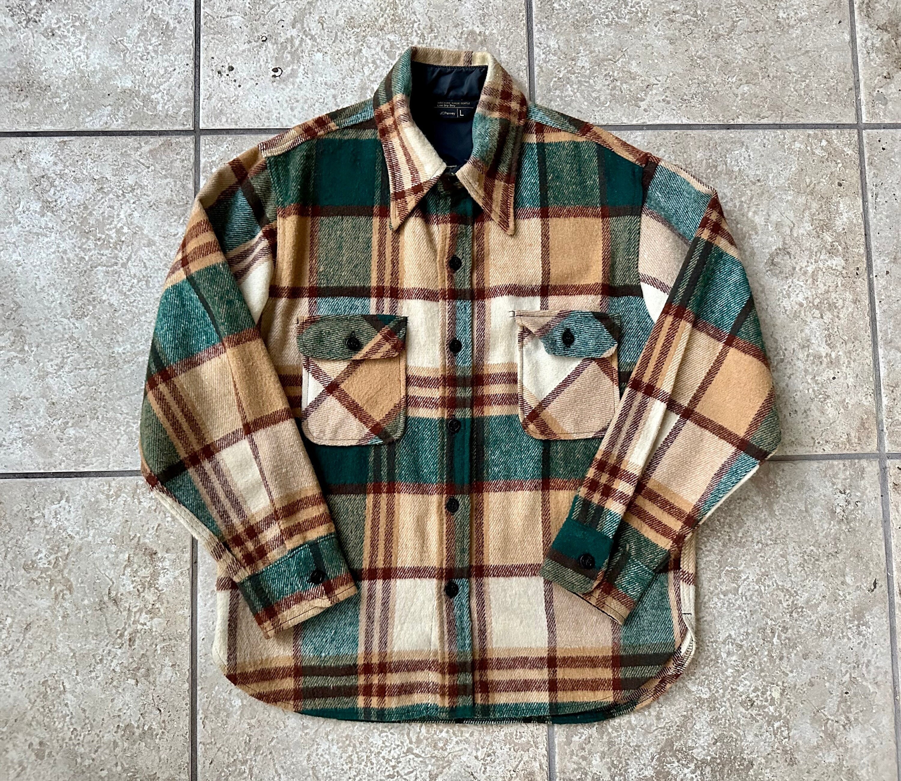Vintage JC PENNEY Green & Brown Plaid Flannel CPO Shirt Jacket | Large | Ivy League Trad