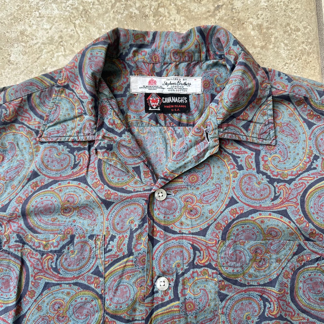 1960s Blue Paisley Print Cotton Short-sleeve Camp Collar Shirt