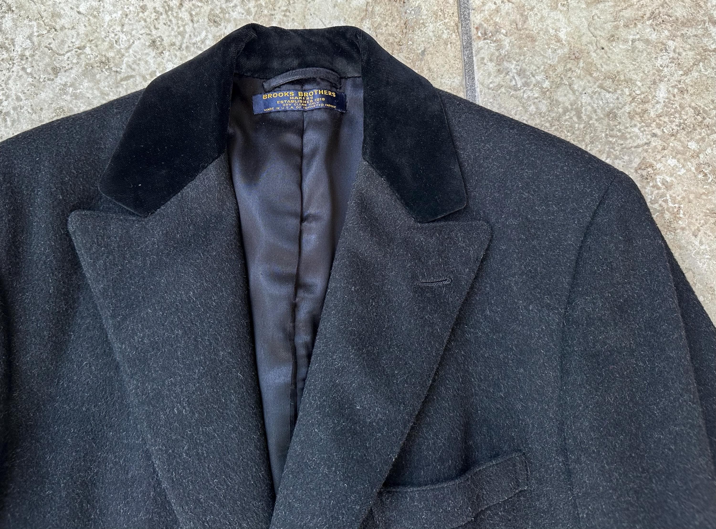 Vintage BROOKS BROTHERS Charcoal Wool Chesterfield Coat W/ Velvet