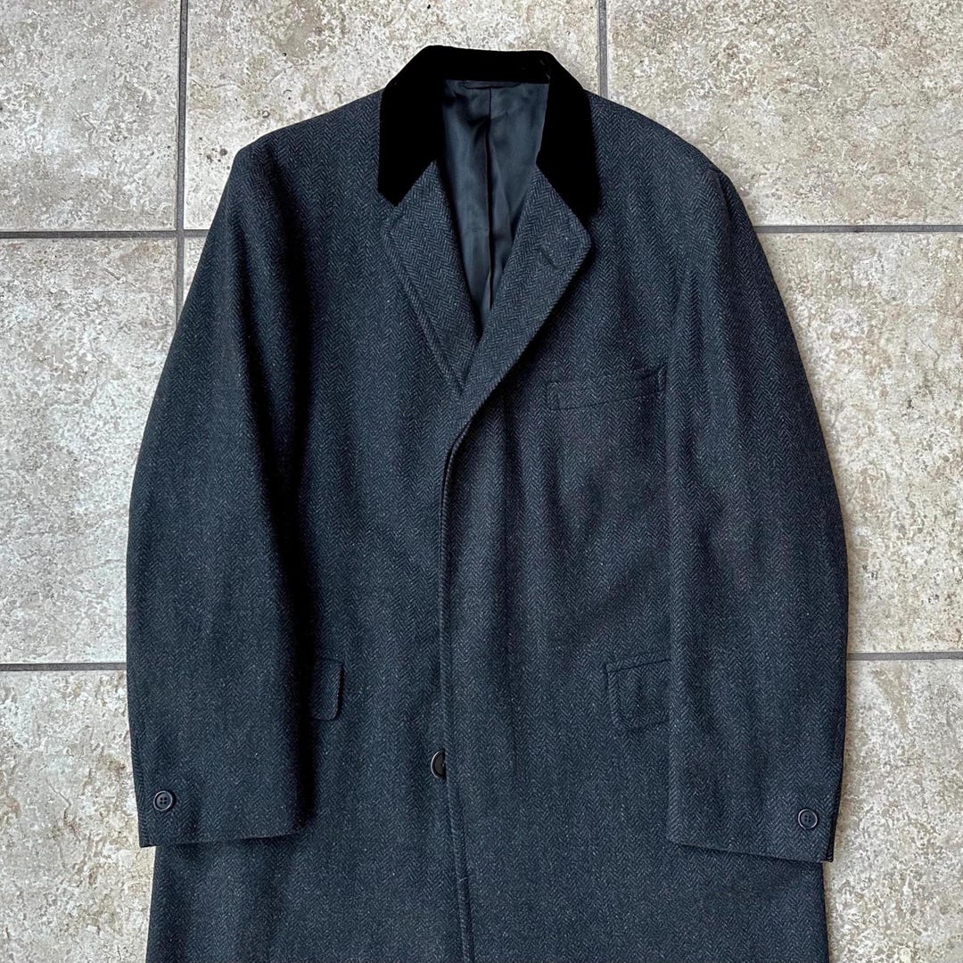 1960s Charcoal Herringbone Tweed Chesterfield Coat W/ Velvet
