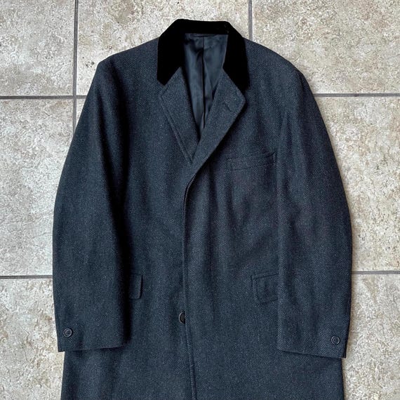 1960s Charcoal Herringbone Tweed Chesterfield Coat W/ Velvet