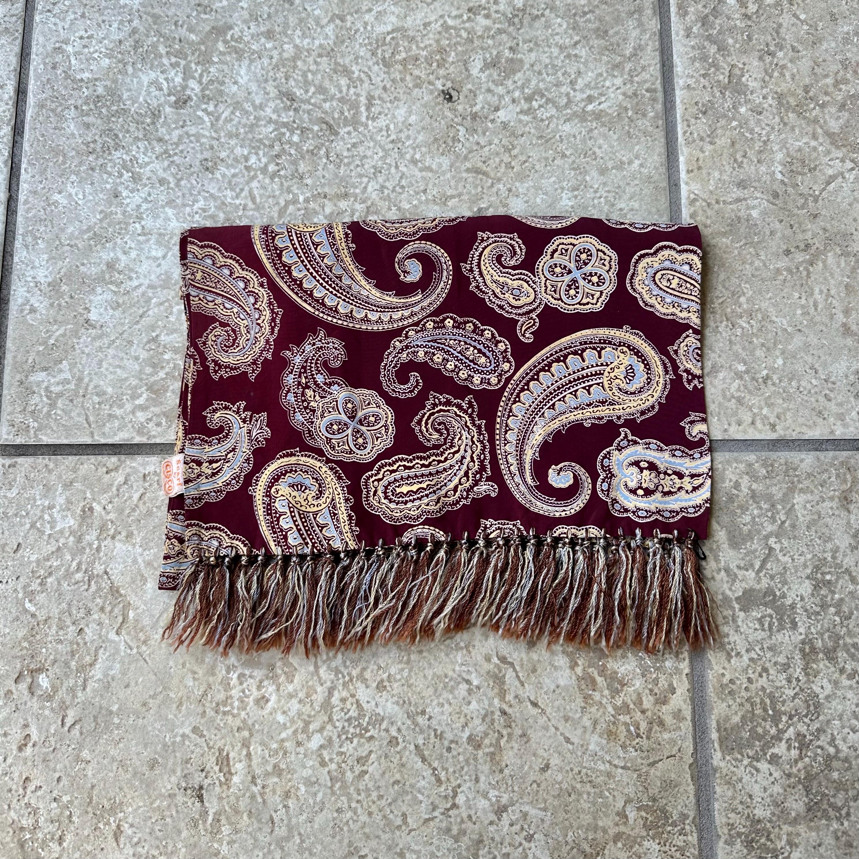 1950s CISCO Wine Red Paisley Print Rayon Scarf W/ Tassel Fringe