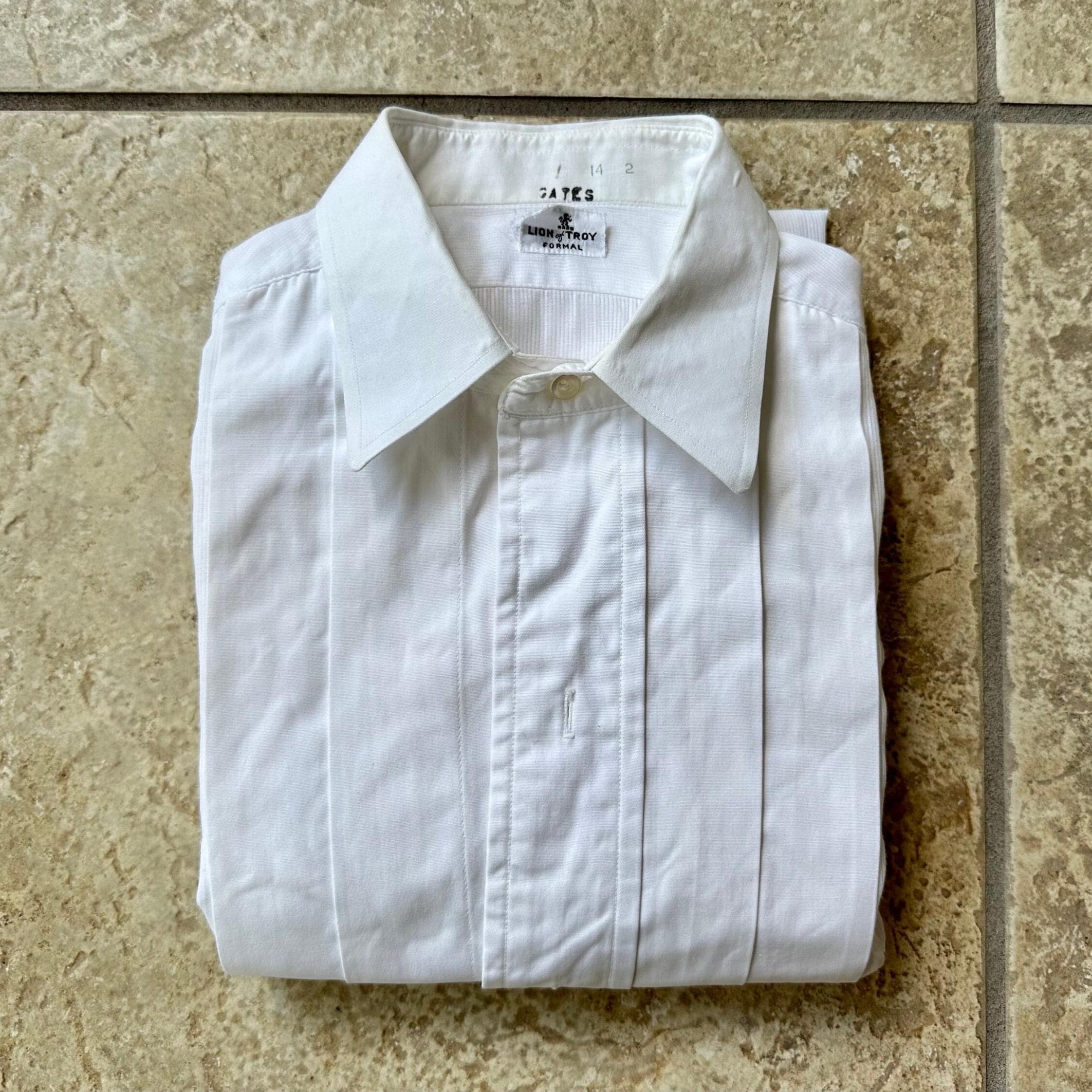 50s 60s Lion of Troy レーヨンギャバ シャツ 襤褸 1950s LION of TROY White Cotton Formal Tuxedo Shirt | 14 - 32