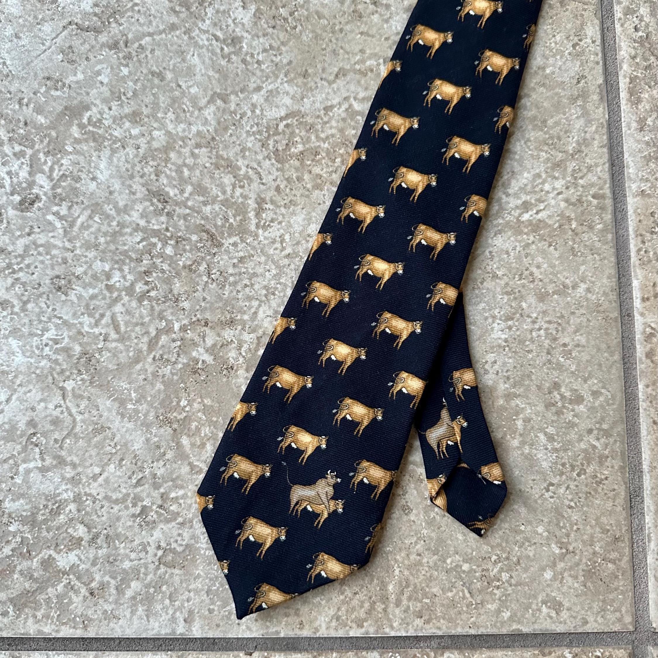 Vintage Navy Blue Printed Wool Challis Tie | Cow Print Ivy League