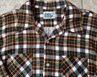 Deadstock 1970s Brown Plaid Cotton Flannel Camp Collar Shirt | Extra Large | PENNSHIRE