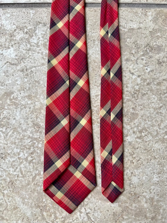 1960s Red & Yellow Plaid Cotton Blend Tie | Self … - image 3