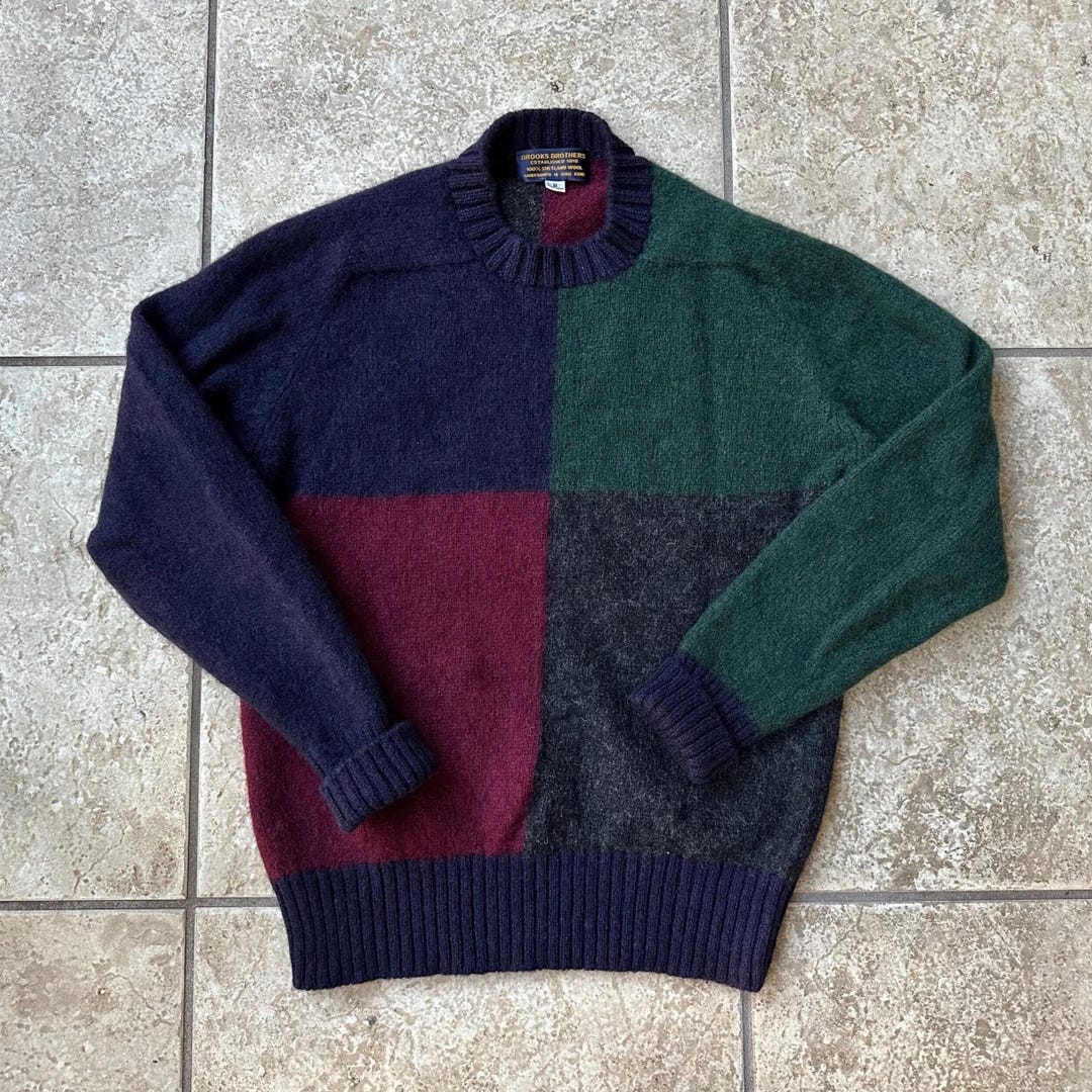 Vintage BROOKS BROTHERS Color Block Shetland Wool Crewneck Sweater