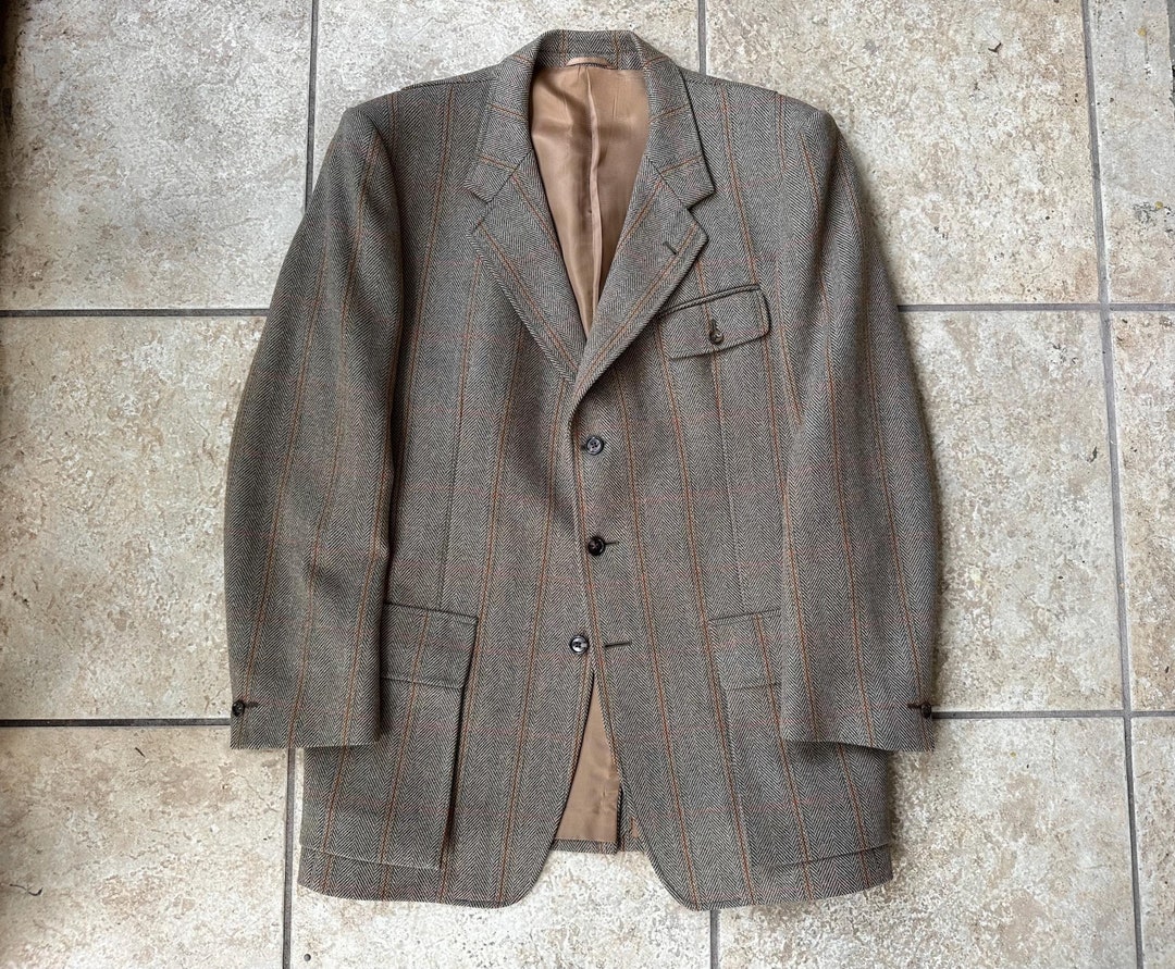 Vintage JAMES PURDEY & SONS Light Brown Herringbone Tweed Hunting Jacket 44 Long 3button Ivy