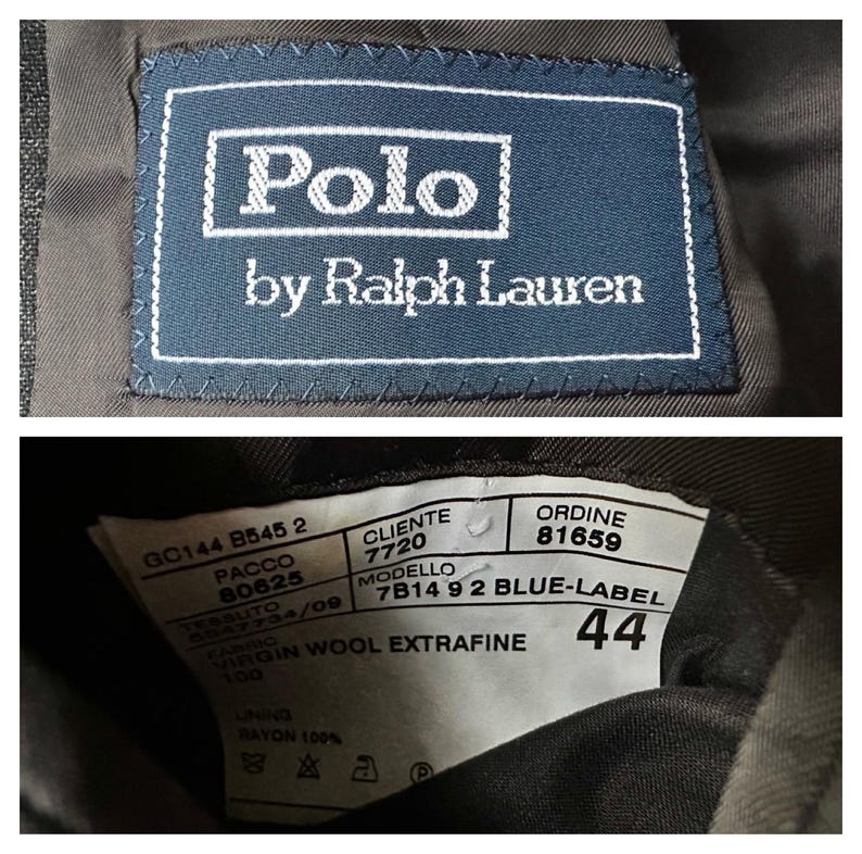 May include: A brown wool suit jacket label with the text "Polo by Ralph Lauren" and the details "GC144 8545 2", "PACCO 80625", "TESSUTO 5547734/09", "FABRIC VIRGIN WOOL EXTRAFINE 100", "CLIENTE 7720", "MODELLO 7B14 92 BLUE-LABEL", "ORDINE 81659", and "44".