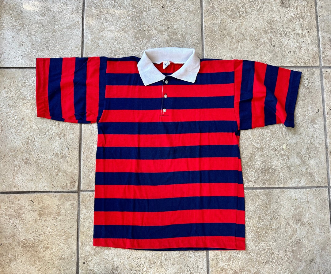 1960s Red & Blue Striped Rugby Polo Shirt Small / Medium ARTEX Ivy