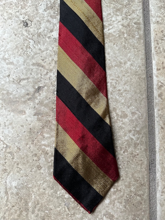 1960s Red & Brown Regimental Striped Shantung Sil… - image 2