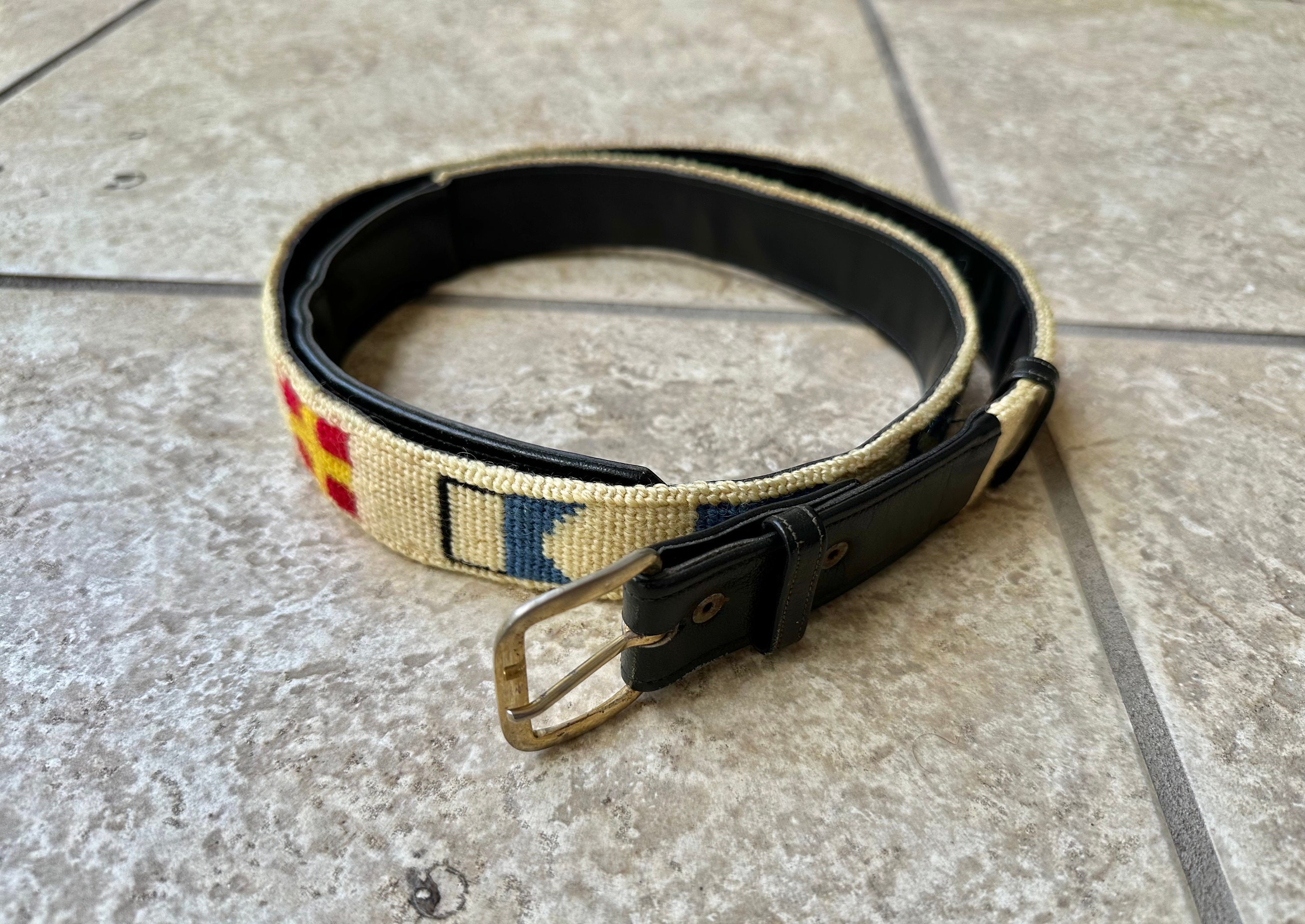Vintage Needlepoint Belt W/ Nautical Flag Motif | Size 40  display picture 3