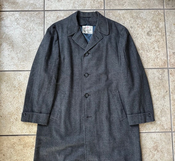 1950s Gray Houndstooth Check Tweed Wool Sack Overcoat 40 42