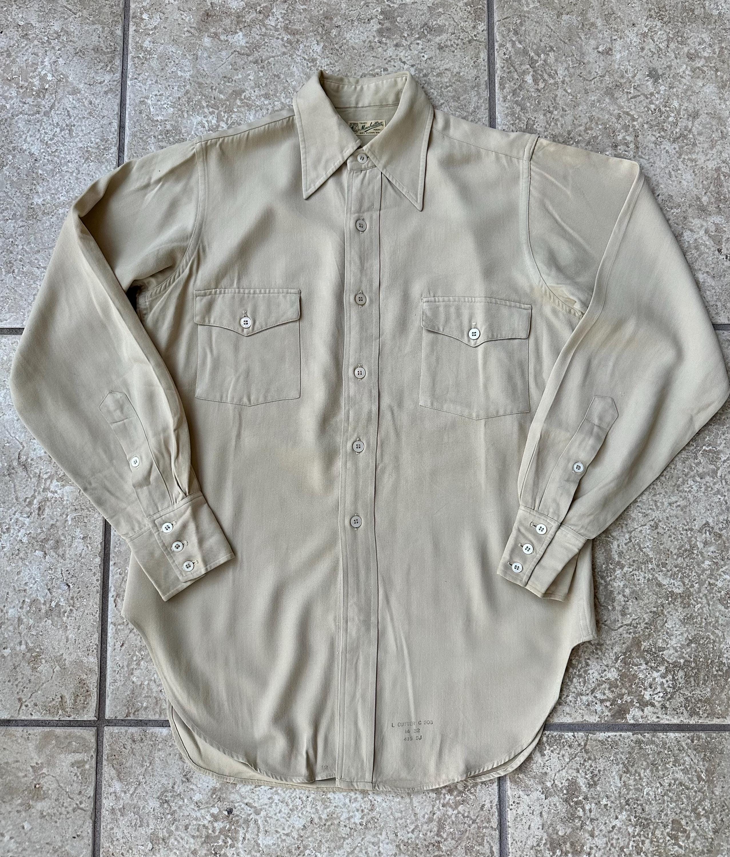1950s Beige Rayon Gabardine Button-up Shirt | 14 - 32 | MANHATTAN