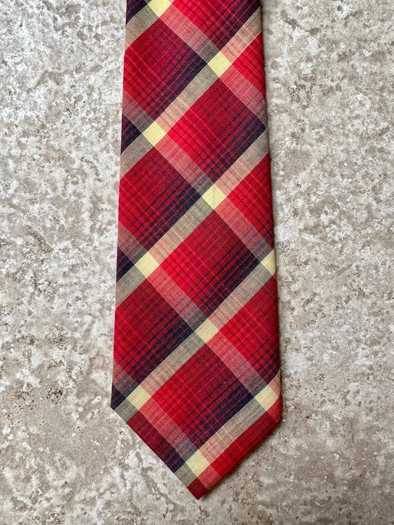 1960s Red & Yellow Plaid Cotton Blend Tie | Self … - image 2