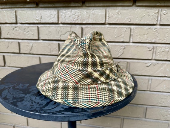 1960s Pale Gold & Green Plaid Tweed Wool Trilby H… - image 2