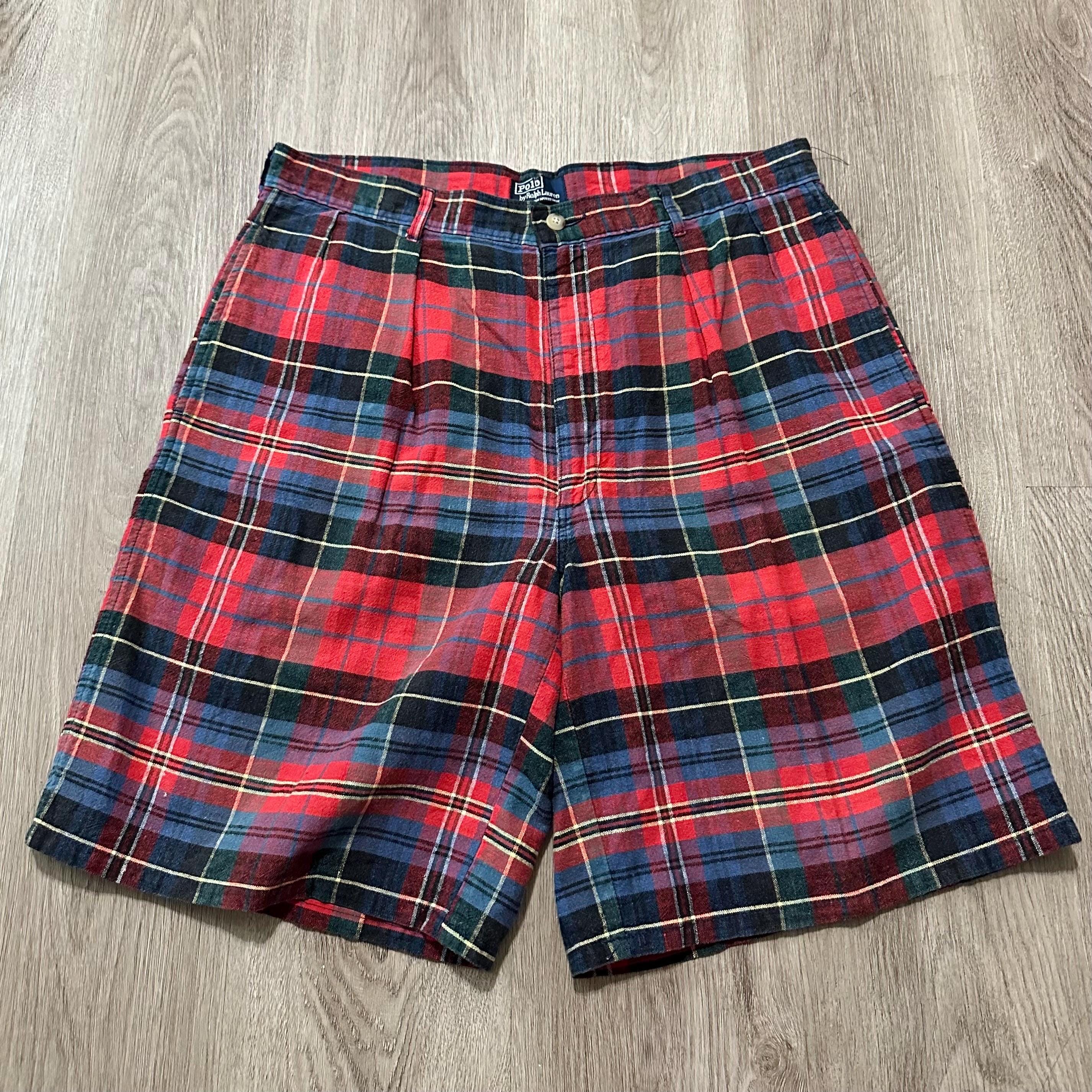 Vintage POLO RALPH LAUREN Red & Blue Plaid Cotton Pleated Shorts