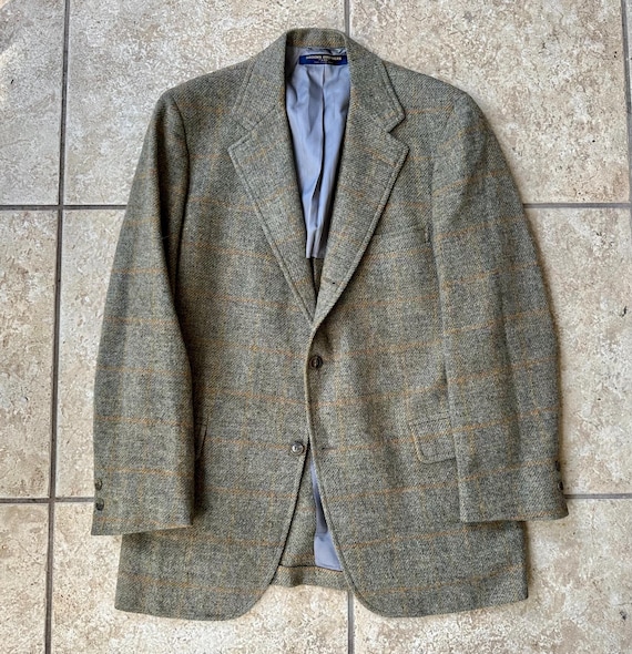 Vintage BROOKS BROTHERS Brown & Orange Windowpane Tweed Sport Coat
