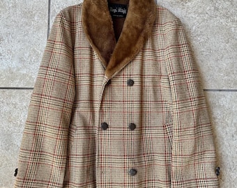1960s Brown Plaid Tweed Double Breasted Car Coat w/ Fur Collar | 44 Regular | ROYAL KNIGHT Ivy League Trad