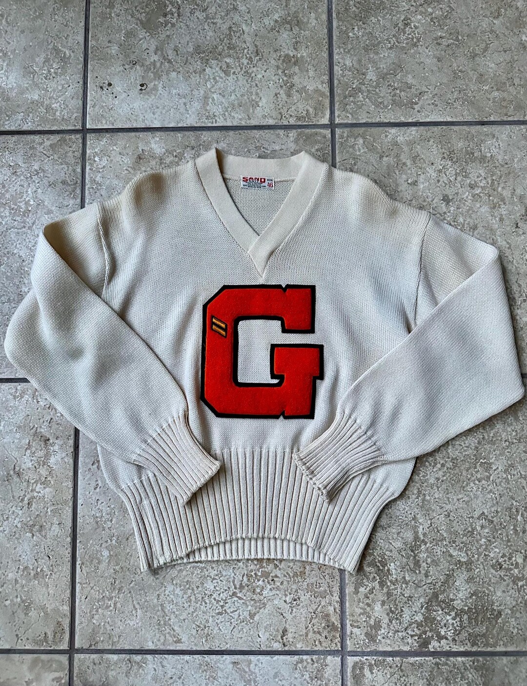 Cream Varsity Print Knitted Pullover