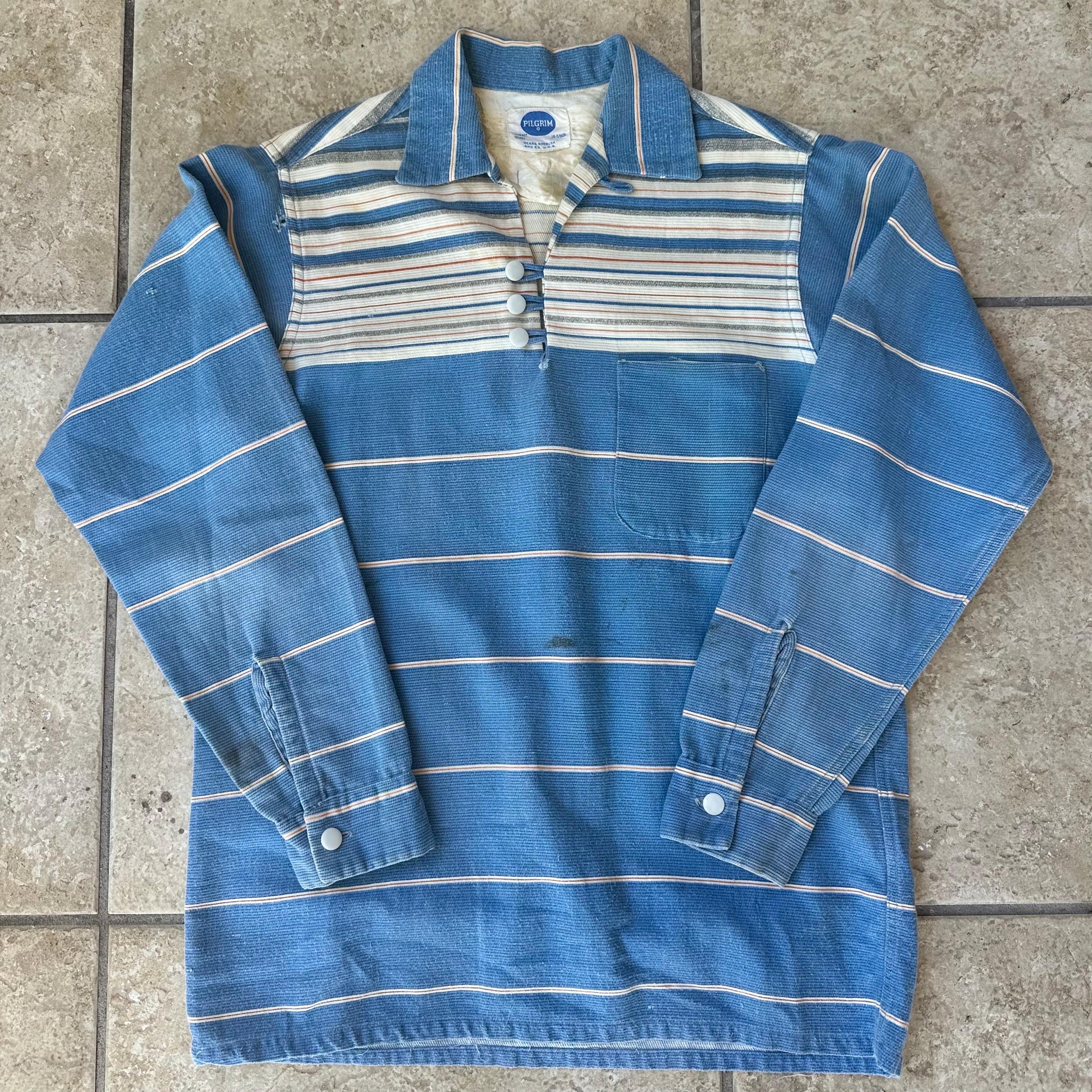 1950s SEARS PILGRIM Blue Striped Corduroy Pullover Shirt | Small