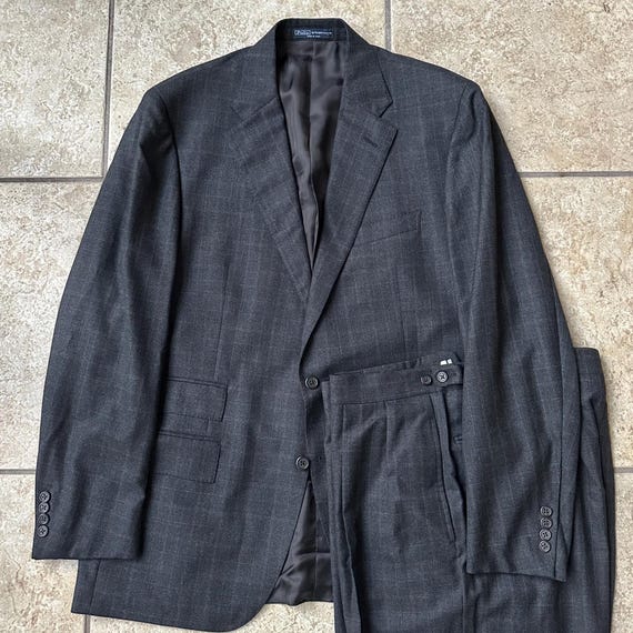 Vintage POLO RALPH LAUREN Charcoal & Blue Glen Plaid Flannel Suit | 44 Long