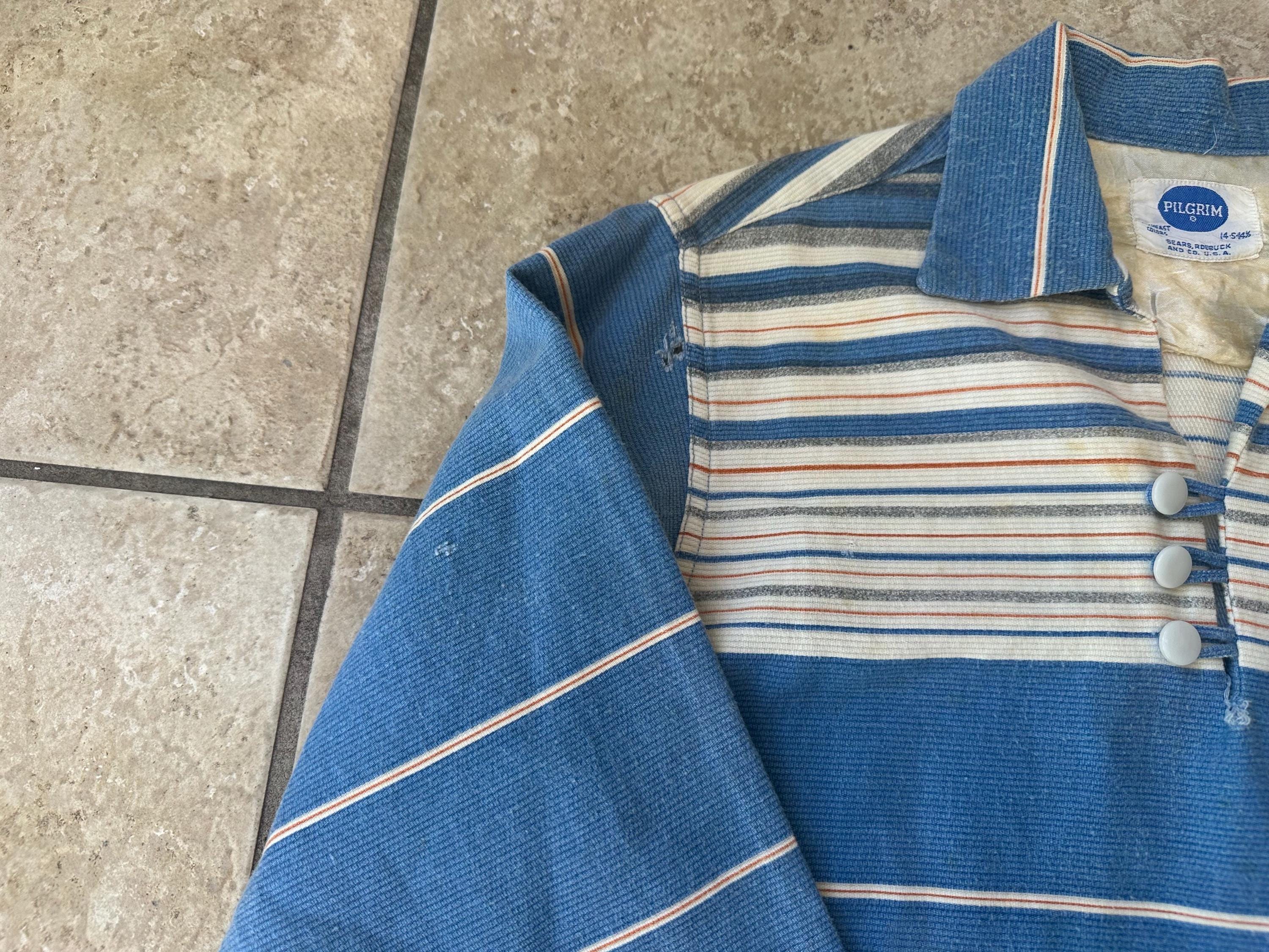 1950s SEARS PILGRIM Blue Striped Corduroy Pullover Shirt | Small