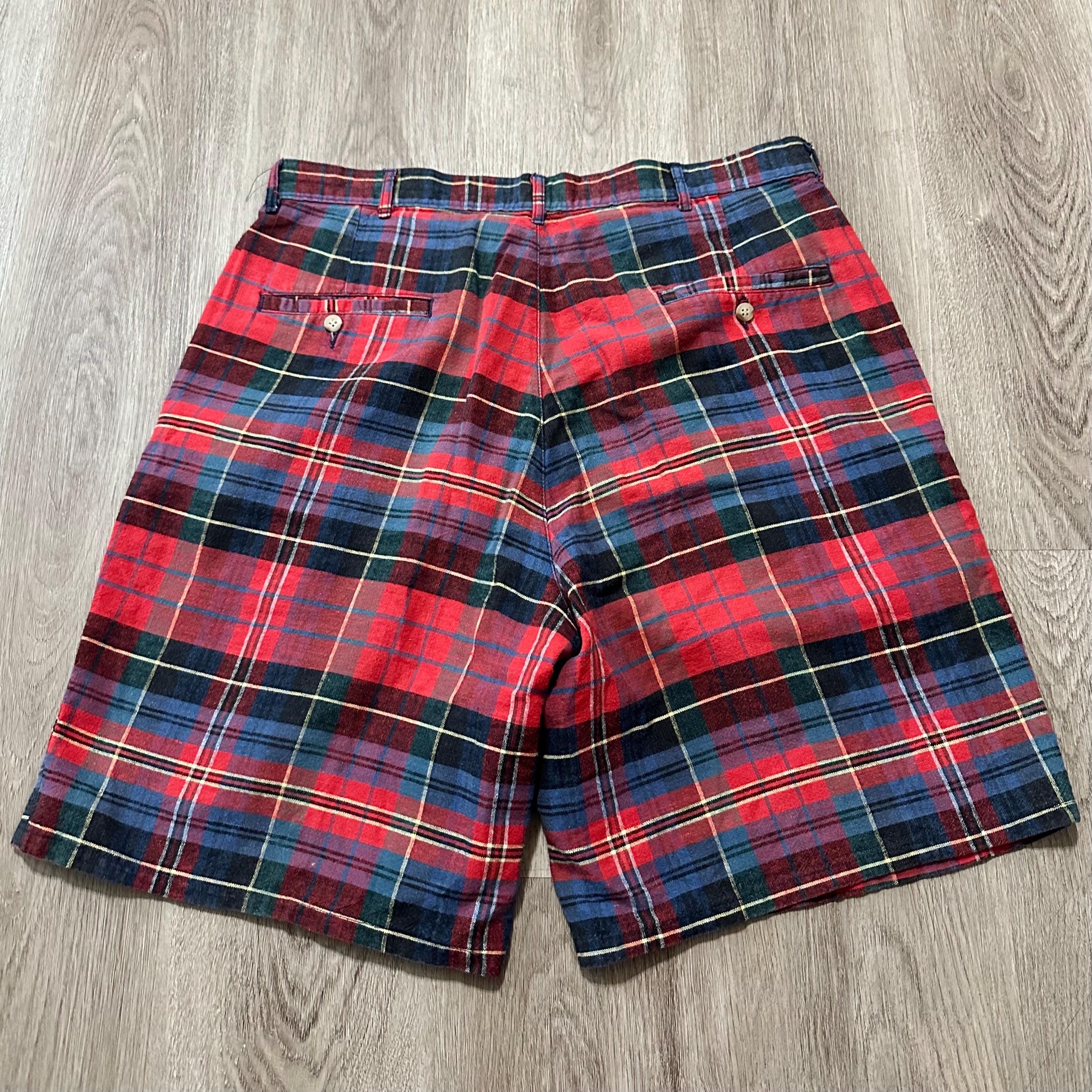Vintage POLO RALPH LAUREN Red & Blue Plaid Cotton Pleated Shorts