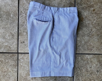 Vintage blå- och vitrandiga bomullsbermudashorts i seersucker | Storlek 29 | Ivy League Trad