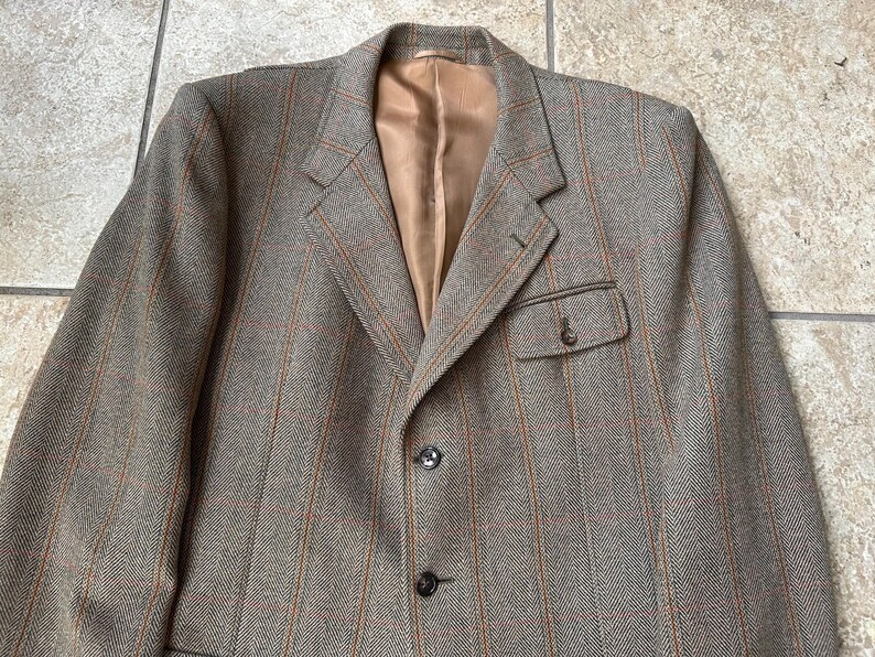 Vintage JAMES PURDEY & SONS Light Brown Herringbone Tweed Hunting Jacket 44 Long 3button Ivy