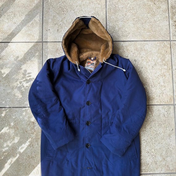 1970s WINDAK Dark Blue Poplin Hooded Parka Coat | Medium | Pile