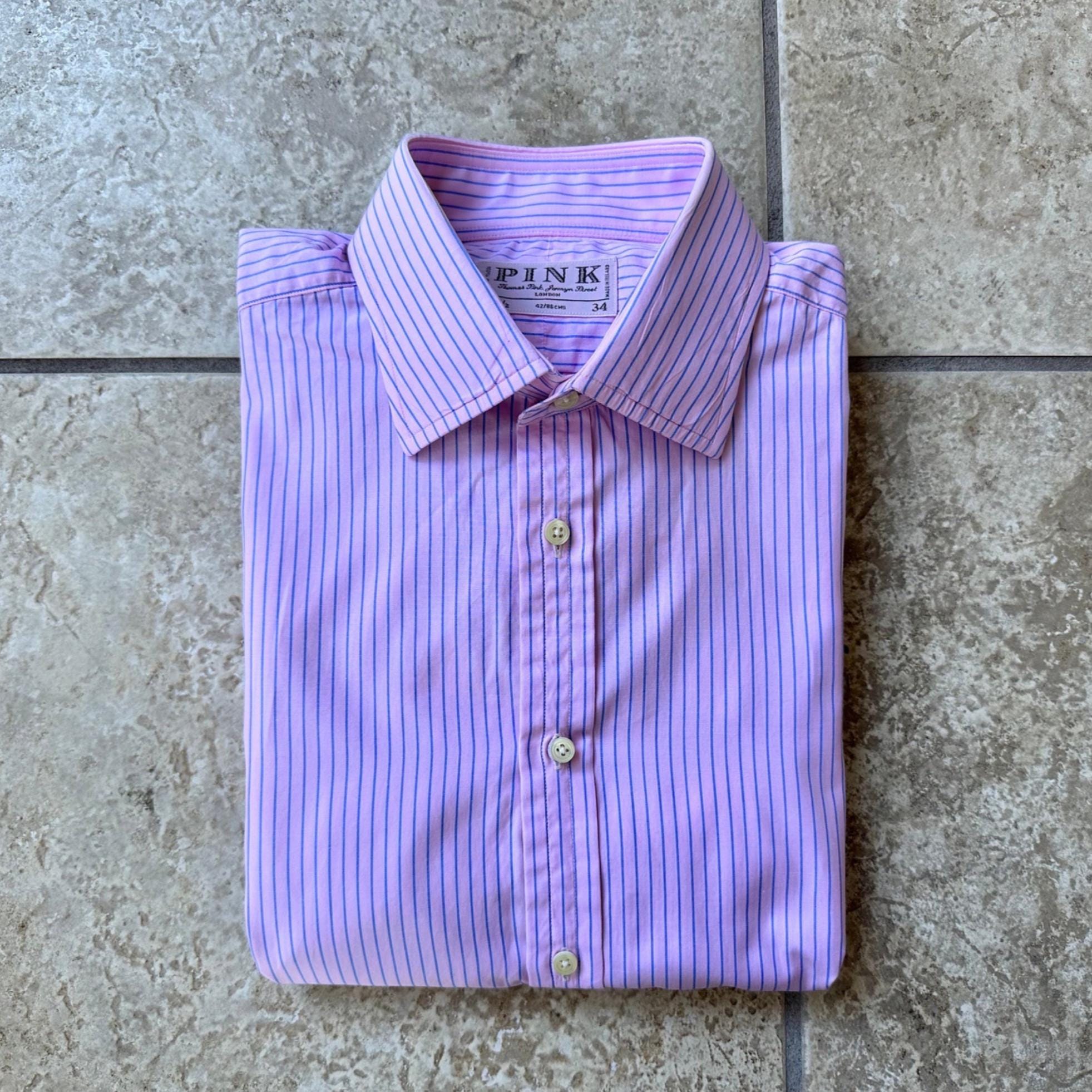 トップス 80s Thomas Pink VINTAGE COTTON SHIRTS Vintage THOMAS PINK Blue & Pink Striped Broadcloth Dress Shirt