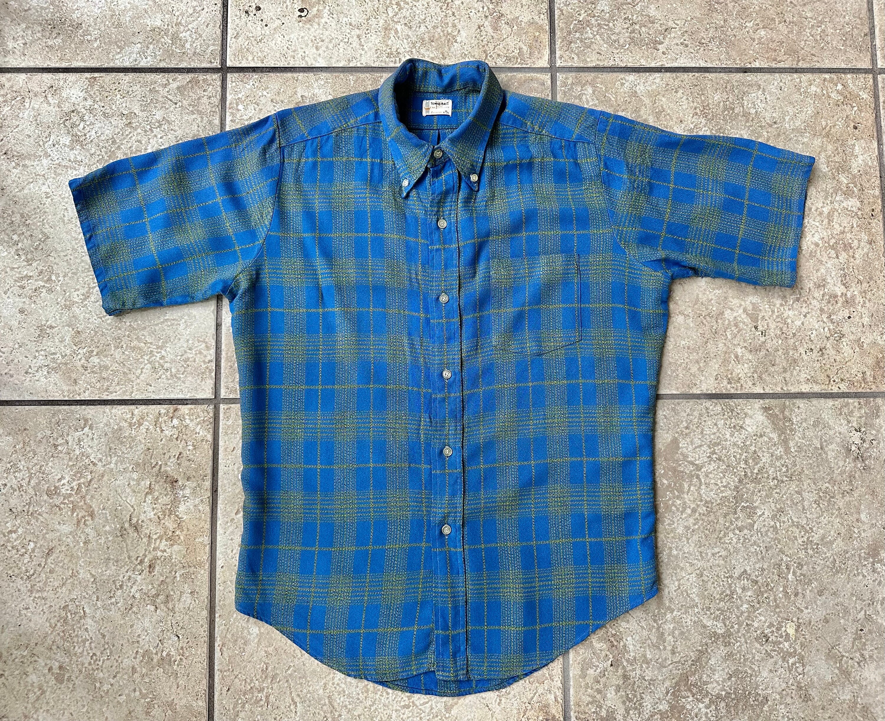 1960s PENNEYS Blue & Green Plaid Cotton Short Sleeve Button 1960s PENNEYS Blue & Green Plaid Cotton Short Sleeve Button