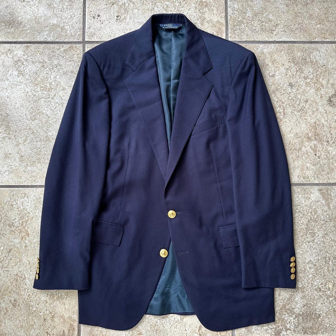 Vintage POLO RALPH LAUREN Navy Blue Flannel Wool Blazer | 39 40