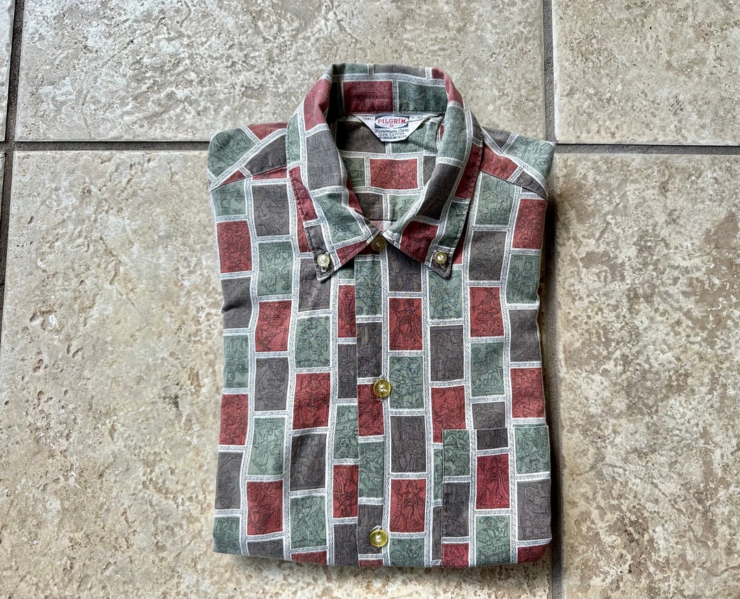 1960s SEARS PILGRIM Orange & Green Printed Cotton Button Down Etsy