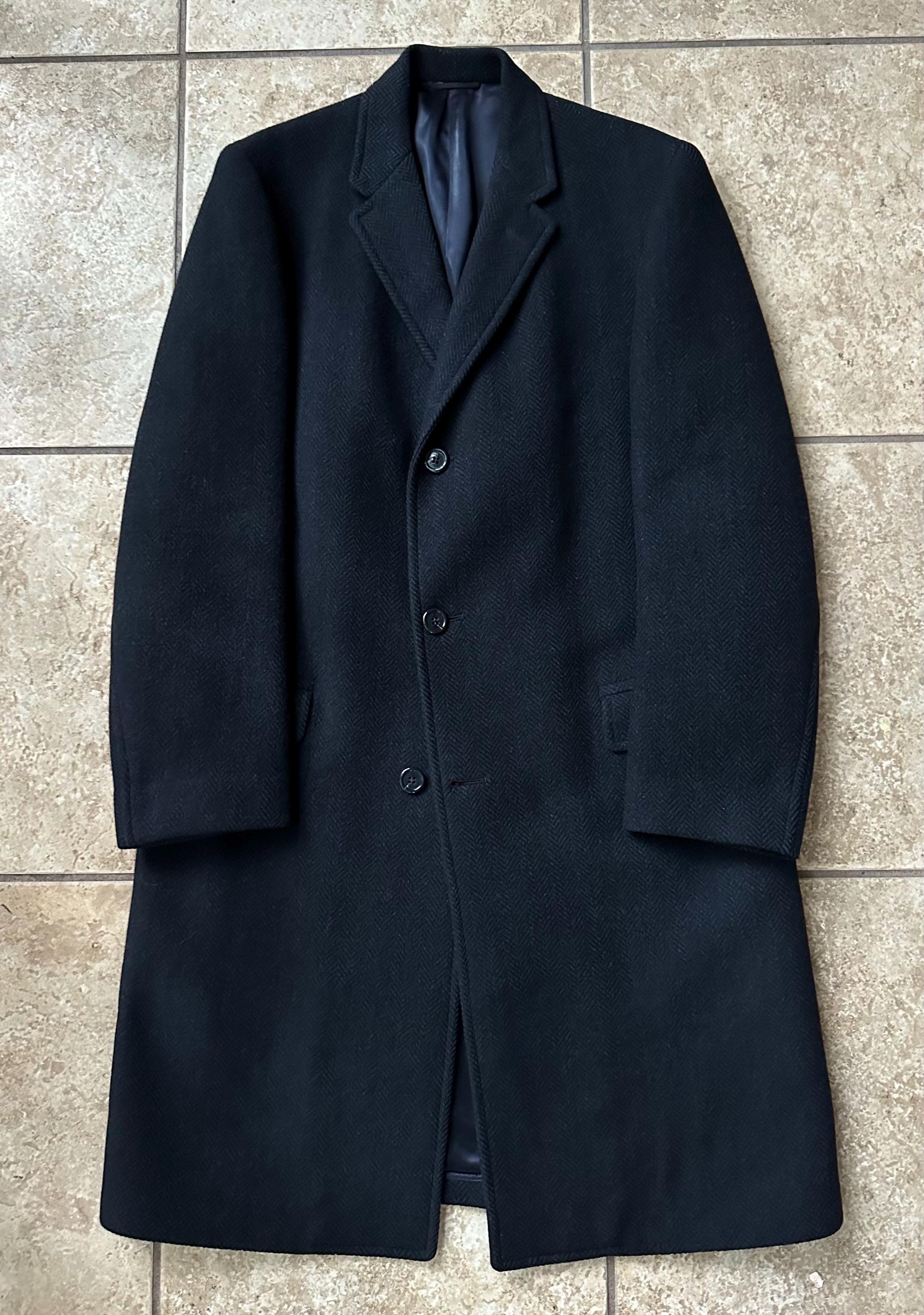 1960s Dark Blue Herringbone Wool Overcoat | 38 40 Long