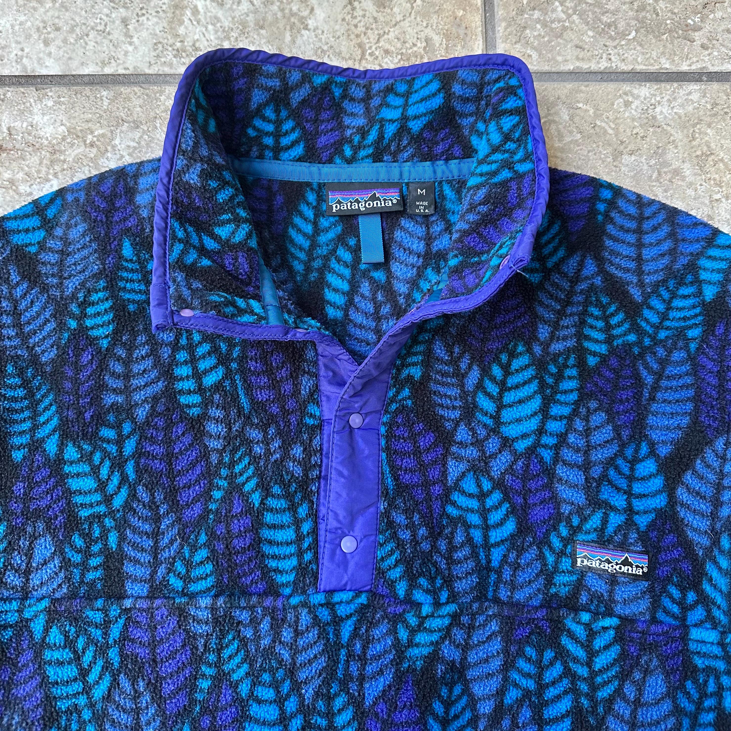 Vintage PATAGONIA Blue & Purple Leaf Print Fleece Synchilla