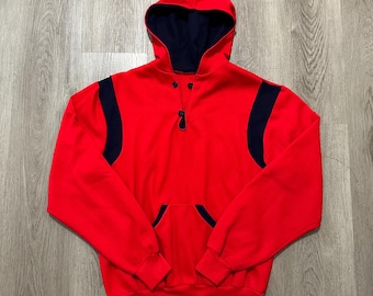 Sudadera con capucha de mezcla de algodón rojo y azul oscuro de los años 70 / Mediana / Tapeta de lazo
