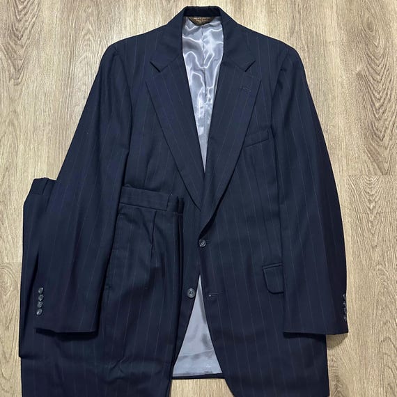 Paul Stuart, Vintage PAUL STUART Dark Blue Pinstripe Flannel Wool Suit | 40 41 Long | 2-Button