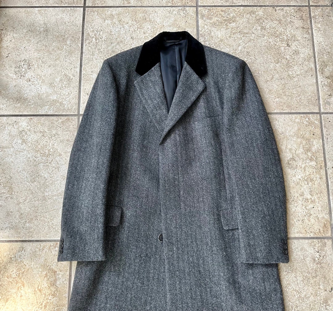 Vintage Gray Herringbone Tweed Wool Chesterfield Coat 40 41 Long ...