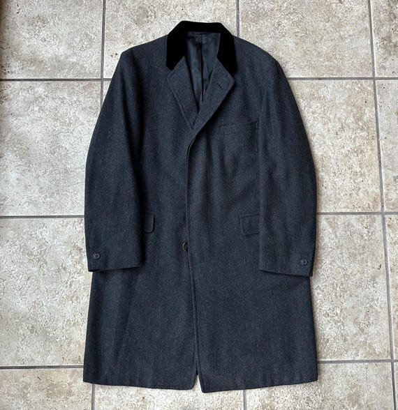 1960s Charcoal Herringbone Tweed Chesterfield Coat W/ Velvet