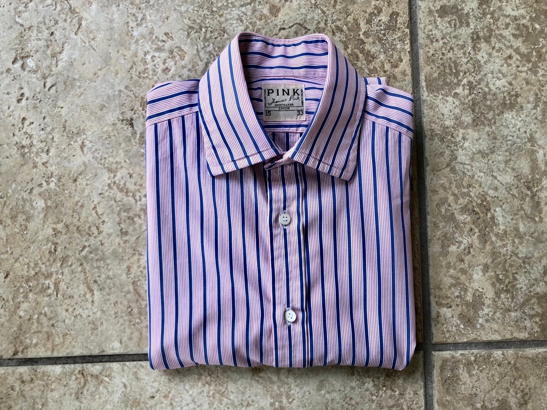 Thomas Pink Shirt Mens Size 15.5 Blue White Striped Dress Button Up Long  Sleeve*