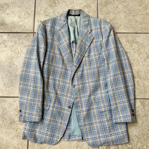 1970s BROOKS BROTHERS Blue Plaid Wool Linen Sack Sport Coat | 40