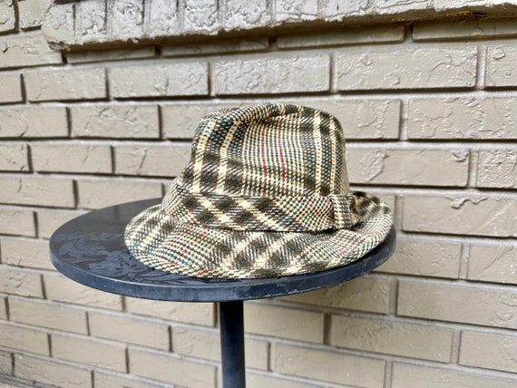 1960s Pale Gold & Green Plaid Tweed Wool Trilby H… - image 1