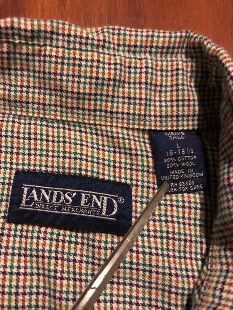 Vintage LANDS END Cotton Wool Flannel Button Down Houndstooth Plaid Shirt Large 16 16.5 Large Ivy League Trad