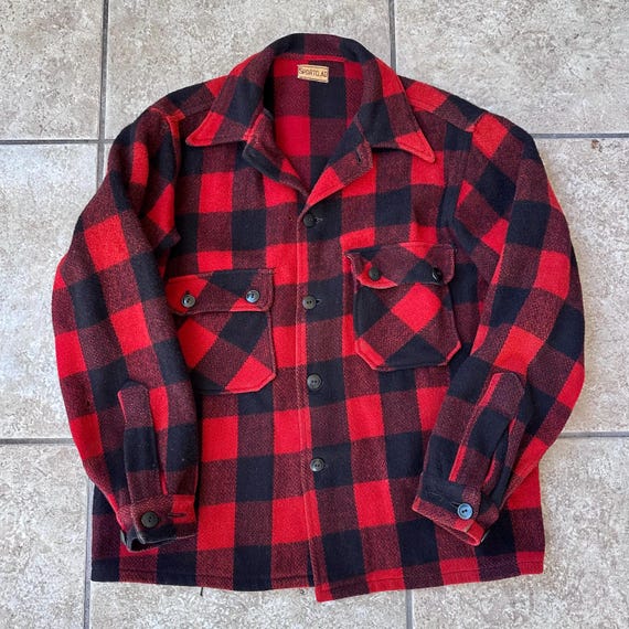 1940s PENNEYS SPORTCLAD Red Buffalo Plaid Tweed W… - image 2