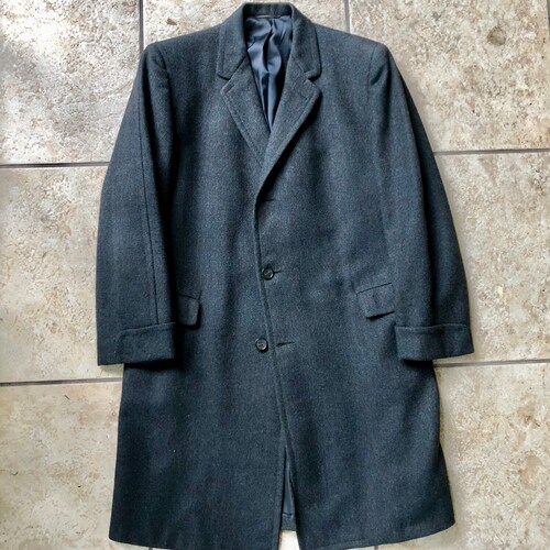 1960s Blue Herringbone Tweed Wool Sack Overcoat | 39 Short | Ivy League shops Trad
