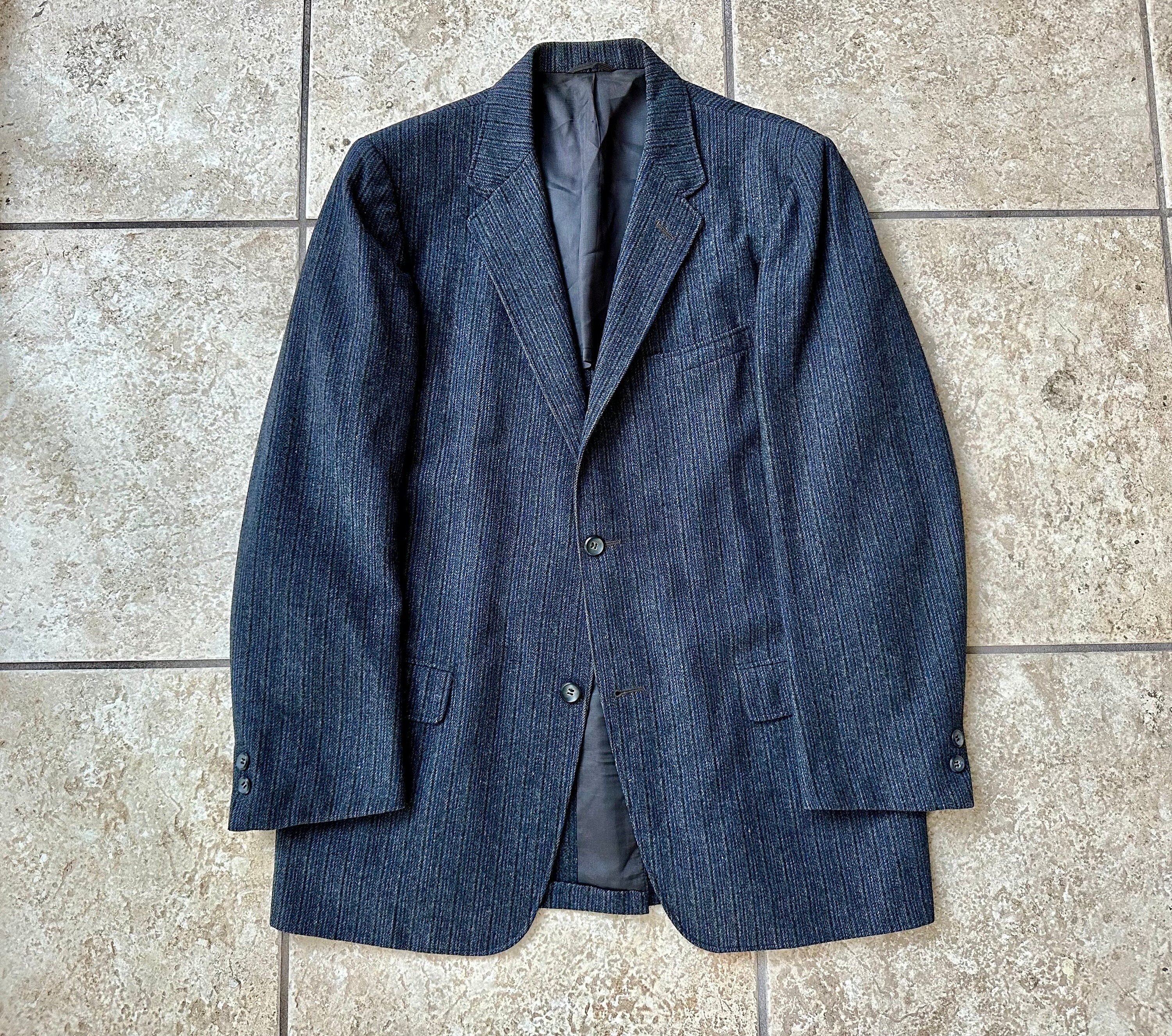 1950s Blue Gray Striped Tweed Wool Sack Sport Coat 39 40