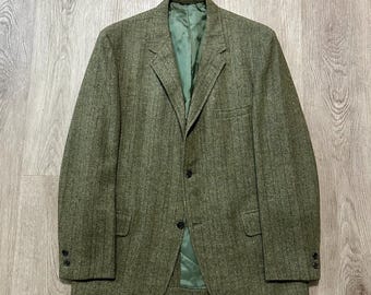 1960s CRICKETEER Olive Green Herringbone Tweed Sack Sport Coat | 39 40 Regular | 3/2 Roll